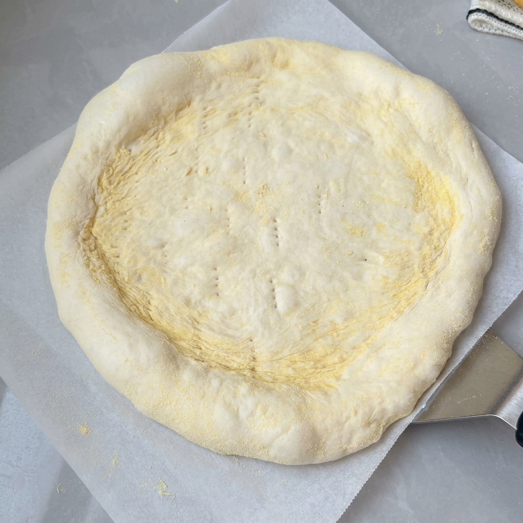 Flattened pizza dough on parchment paper with small fork holes poked across the surface.
