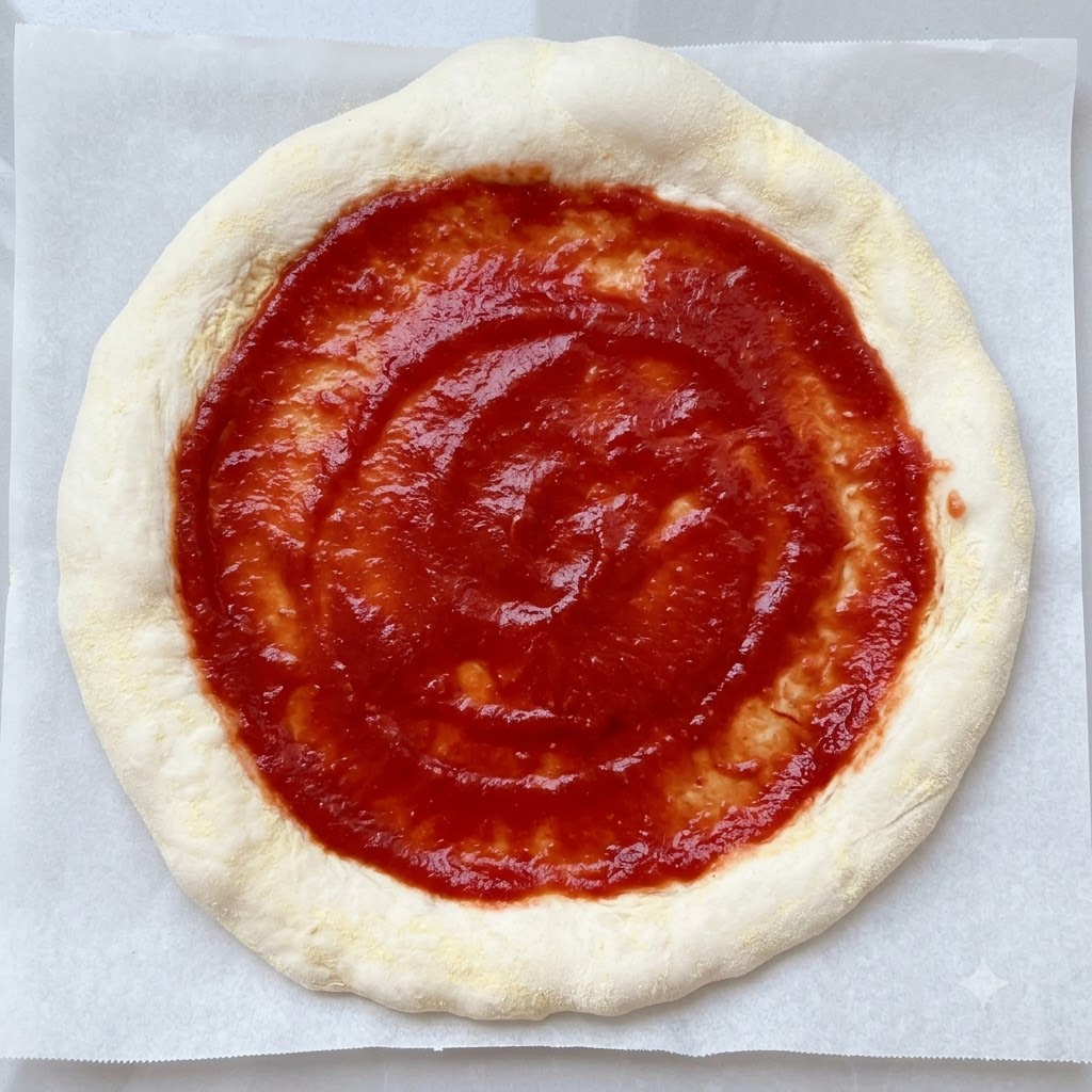 Red tomato sauce being spread in a circular spiral over the center of the raw pizza dough.