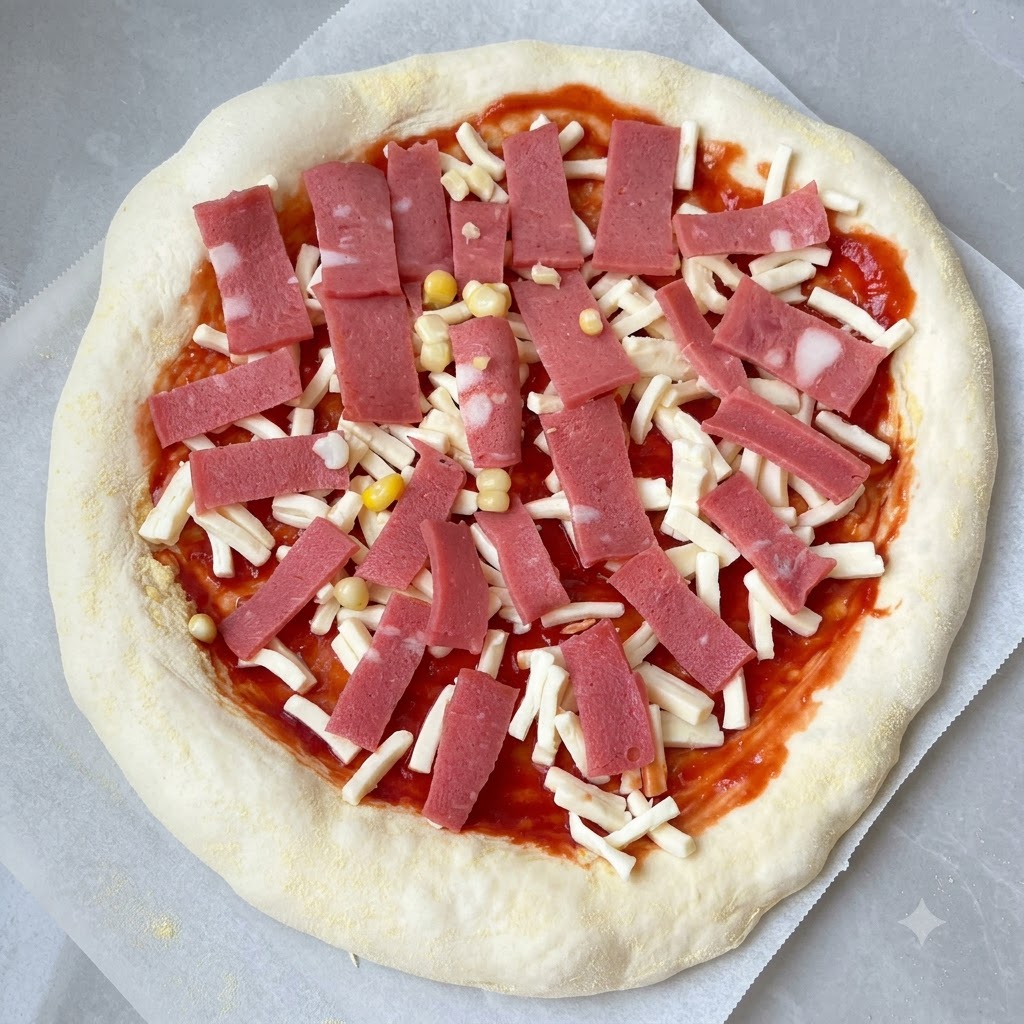 Raw pizza base layered with tomato sauce, shredded cheese, chopped bacon, and corn kernels.