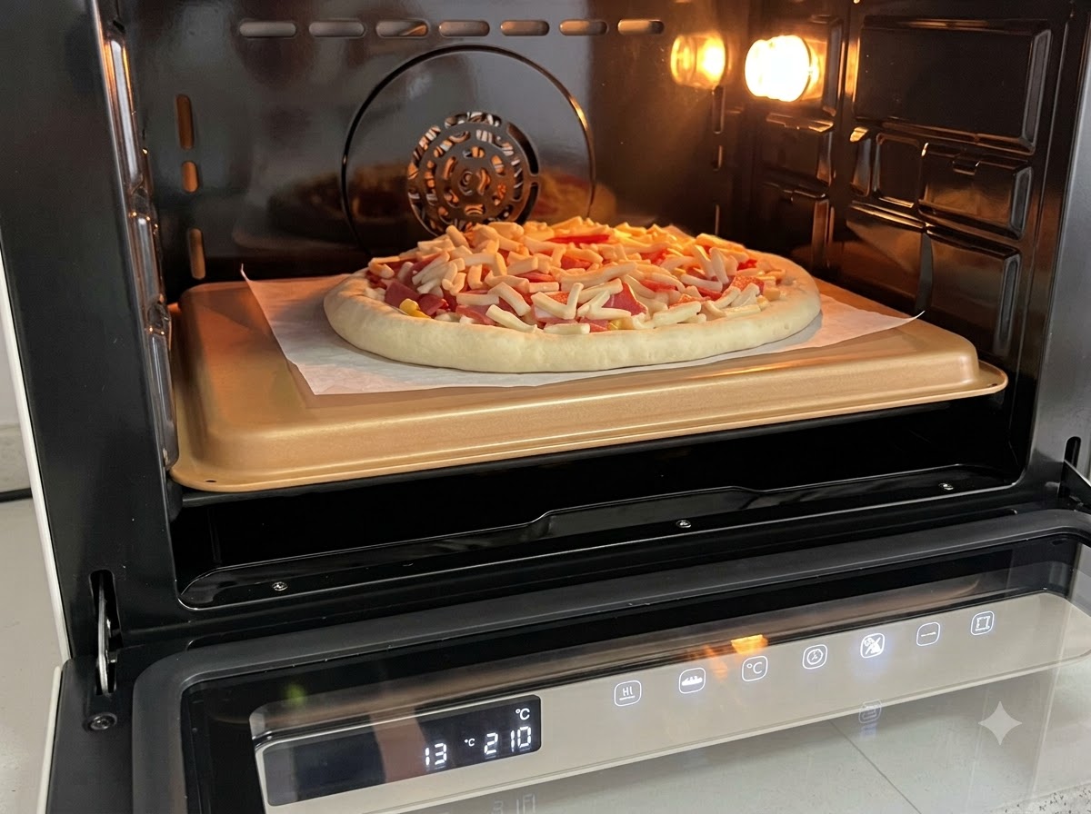 Fully assembled raw pizza on a gold baking tray inside a preheated illuminated oven.