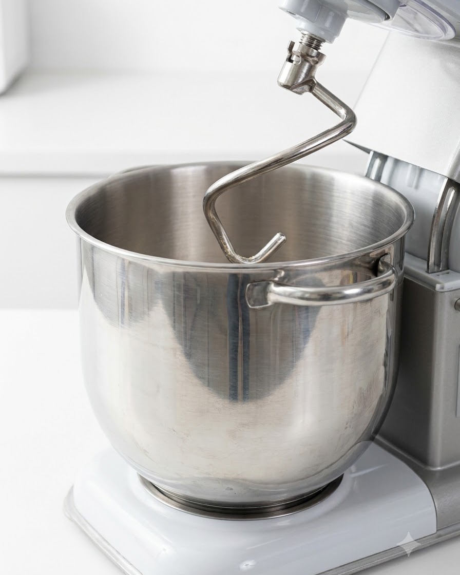 A stand mixer fitted with a dough hook ready over a stainless steel bowl.
