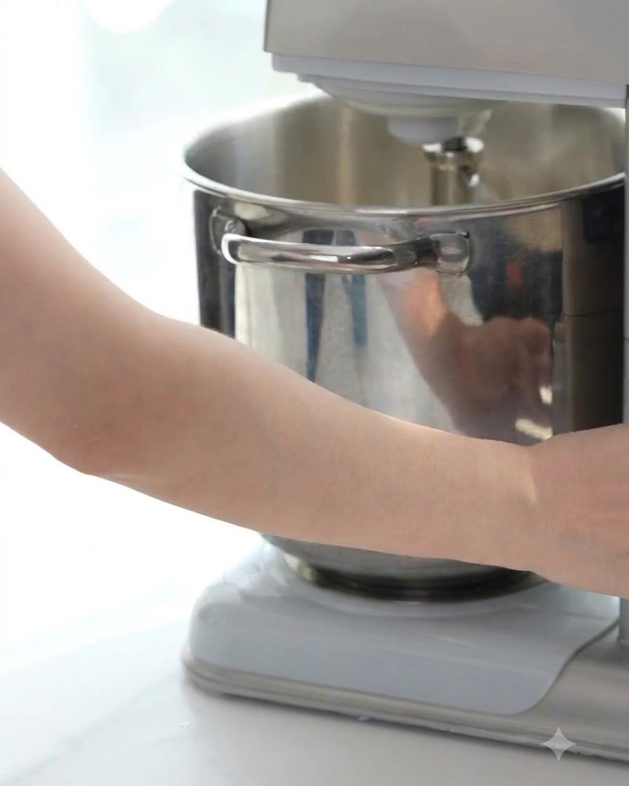 A pair of hands operating a stand mixer or shaping the workspace area.