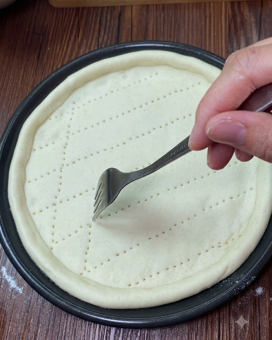 A fork or spoon puncturing and spreading sauce across the docked pizza dough surface.