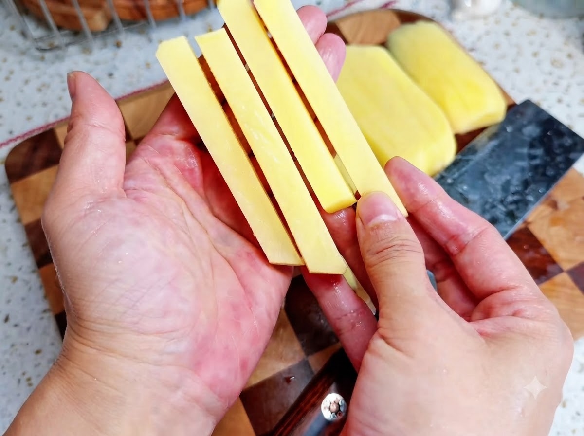 Hands carefully wrapping a strip of raw bacon around a yellow potato stick on a wooden board.