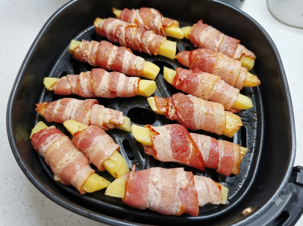 Bacon-wrapped potatoes arranged in an air fryer basket being sprayed with oil from a white bottle.