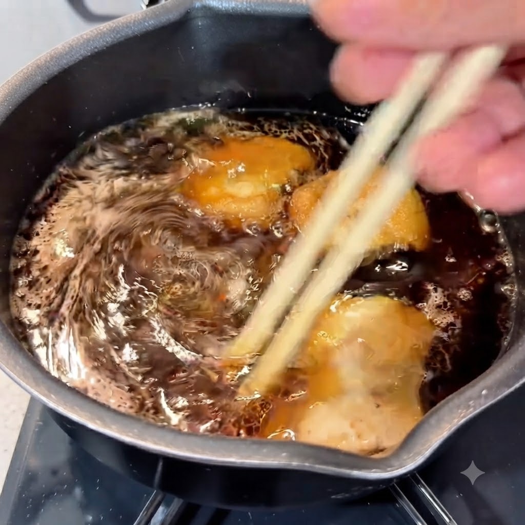 Cooked ramen noodles and pork belly being stirred into the simmering soup broth using wooden chopsticks.