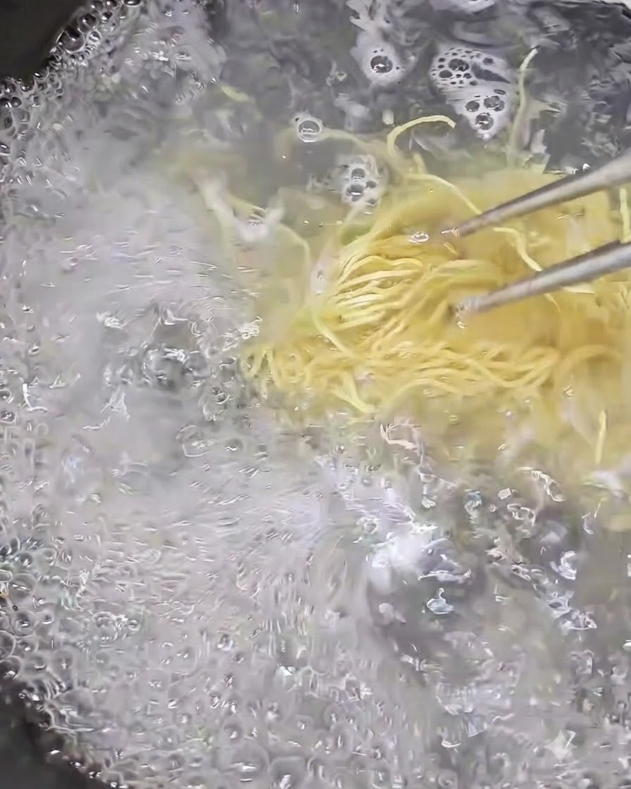 Bamboo noodles being cooked in a pot of vigorously boiling water.