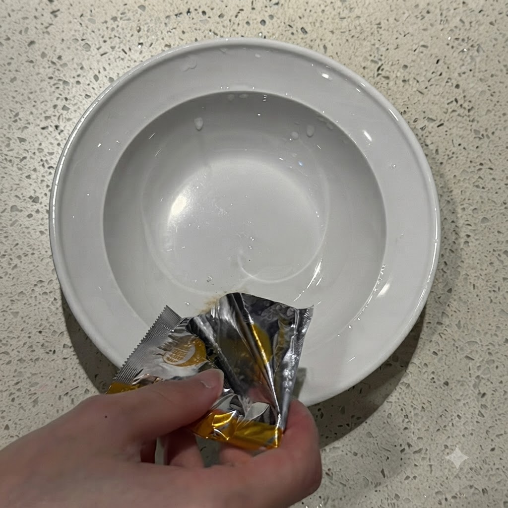 Instant ramen seasoning powder being poured from a silver packet into the bottom of a white ceramic bowl.