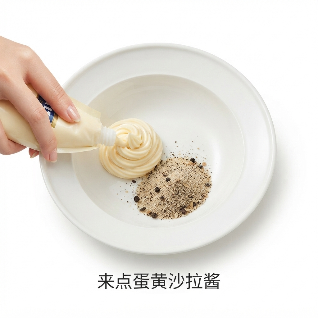 A swirl of white mayonnaise being squeezed from a tube into a white bowl alongside the seasoning powder.