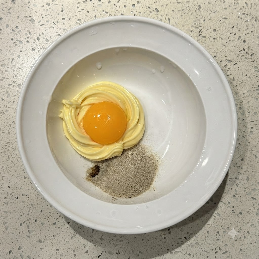 A vibrant yellow egg yolk sitting atop a spiral of mayonnaise and seasoning powder in a white bowl.