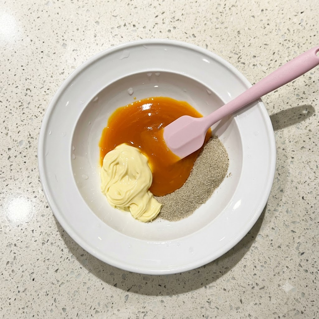 A pink silicone spatula blending the seasoning, mayonnaise, and egg yolk into a smooth orange sauce inside a white bowl.