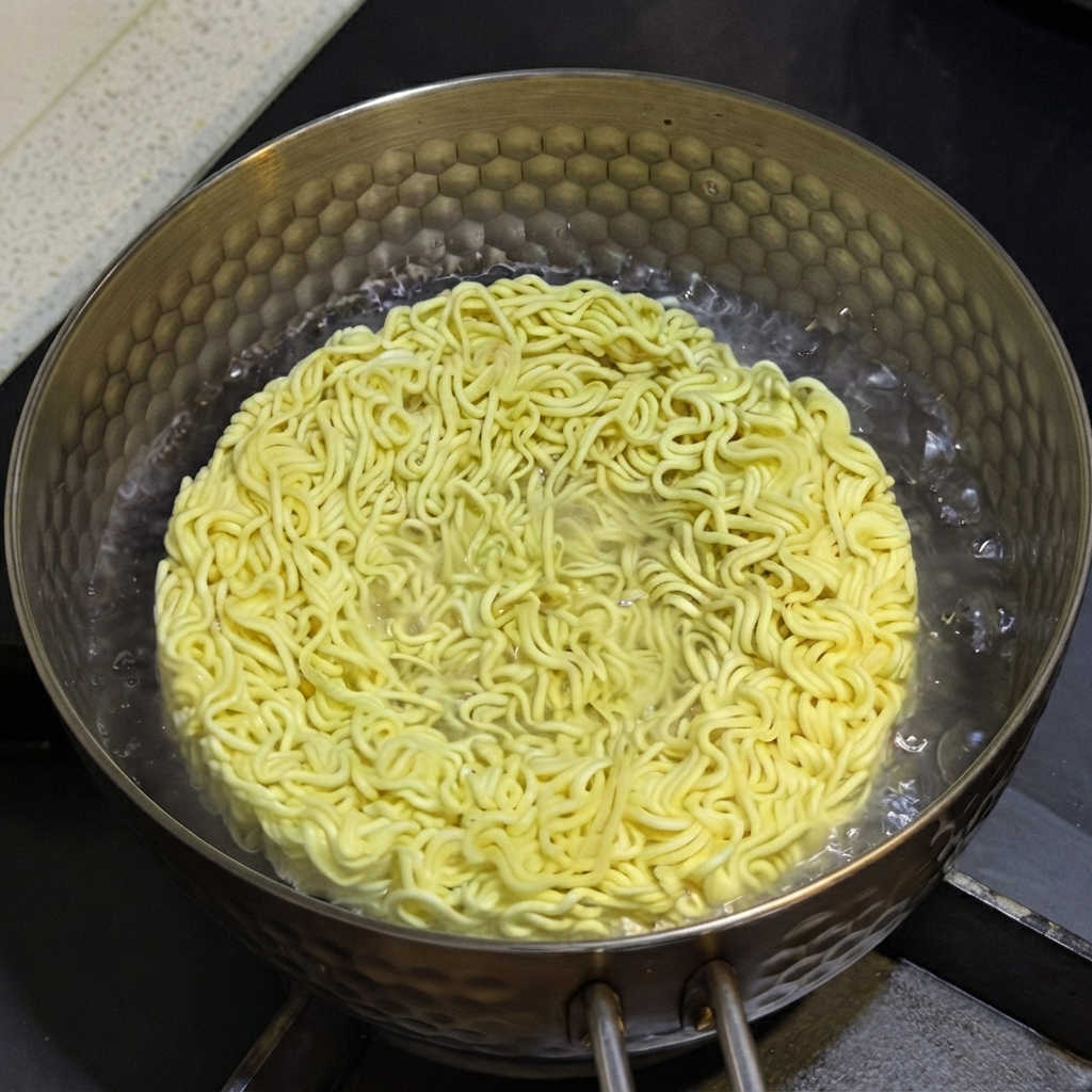 A block of yellow instant ramen boiling in bubbling water inside a patterned metal pot on the stove.
