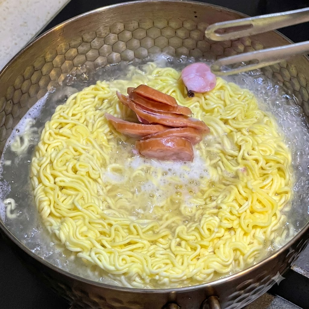 Sliced sausages and a piece of fish cake being placed with metal tongs into a pot of boiling instant ramen noodles.