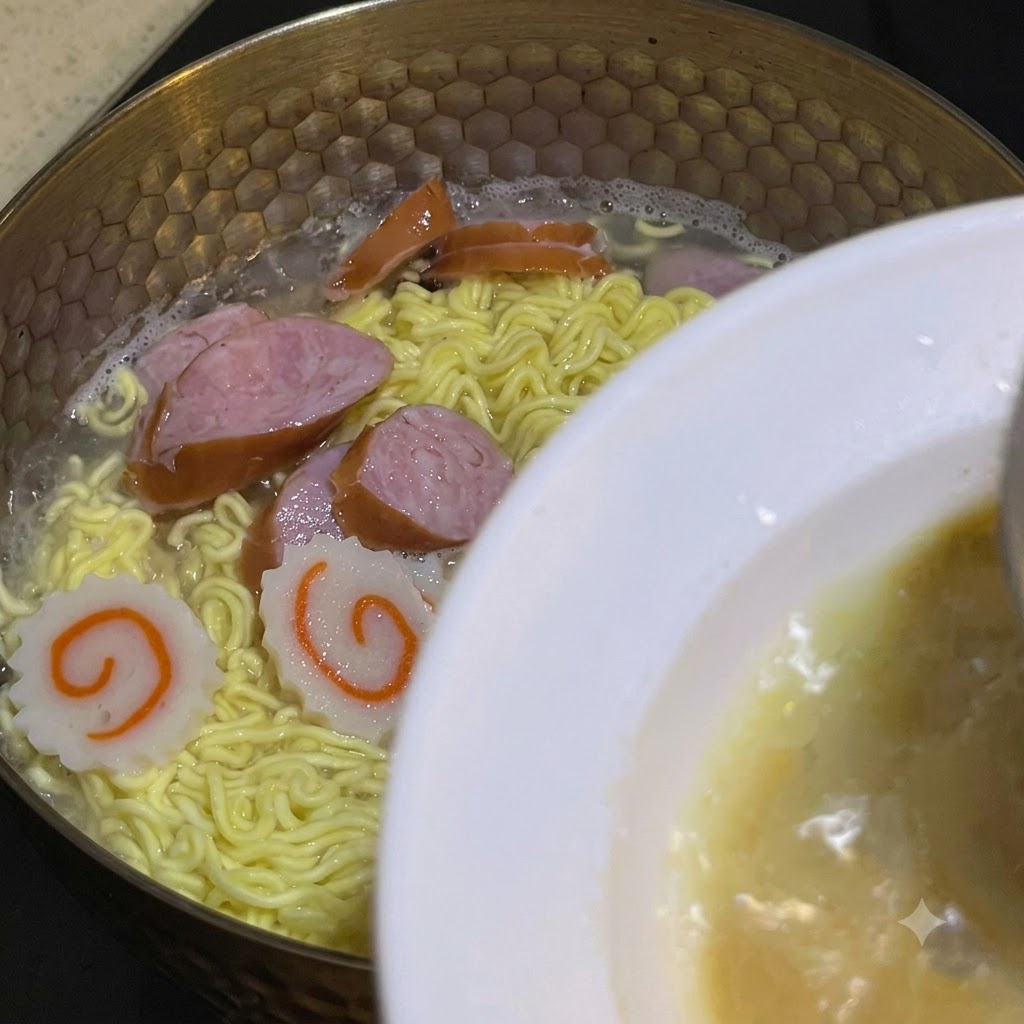 A ladle scooping hot broth from the cooking pot toward a white bowl with sauce.