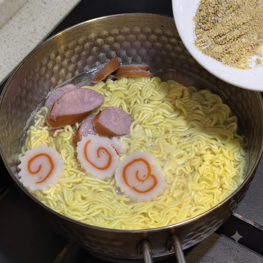 Seasoning and mixed sauce being poured from a white plate into the boiling noodle pot.