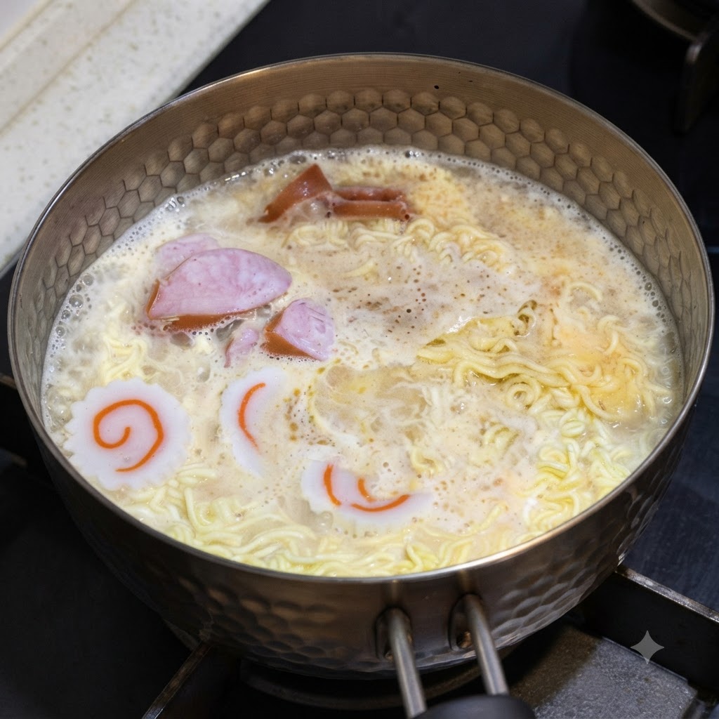 Egg white being poured into the simmering noodle and sausage pot.