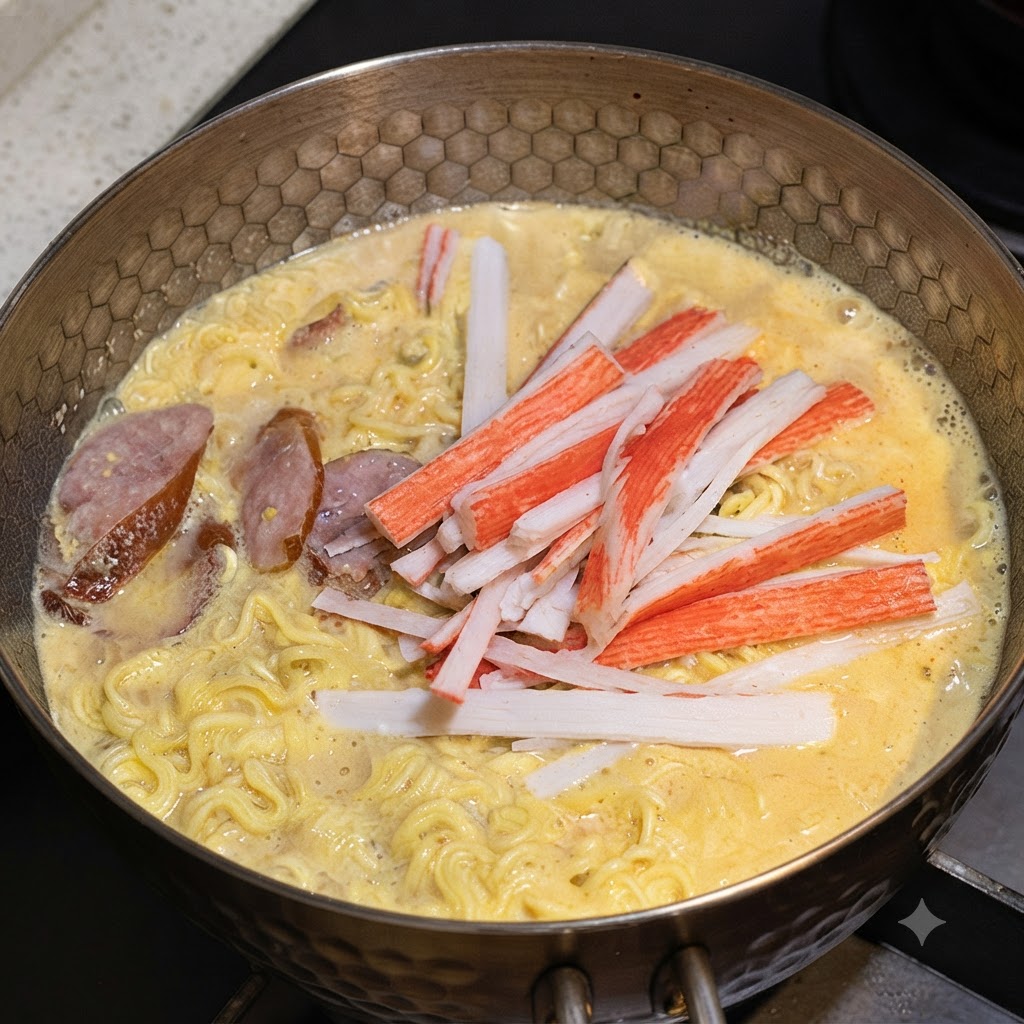 Shredded crab sticks scattered on top of the simmering noodles in the pot.
