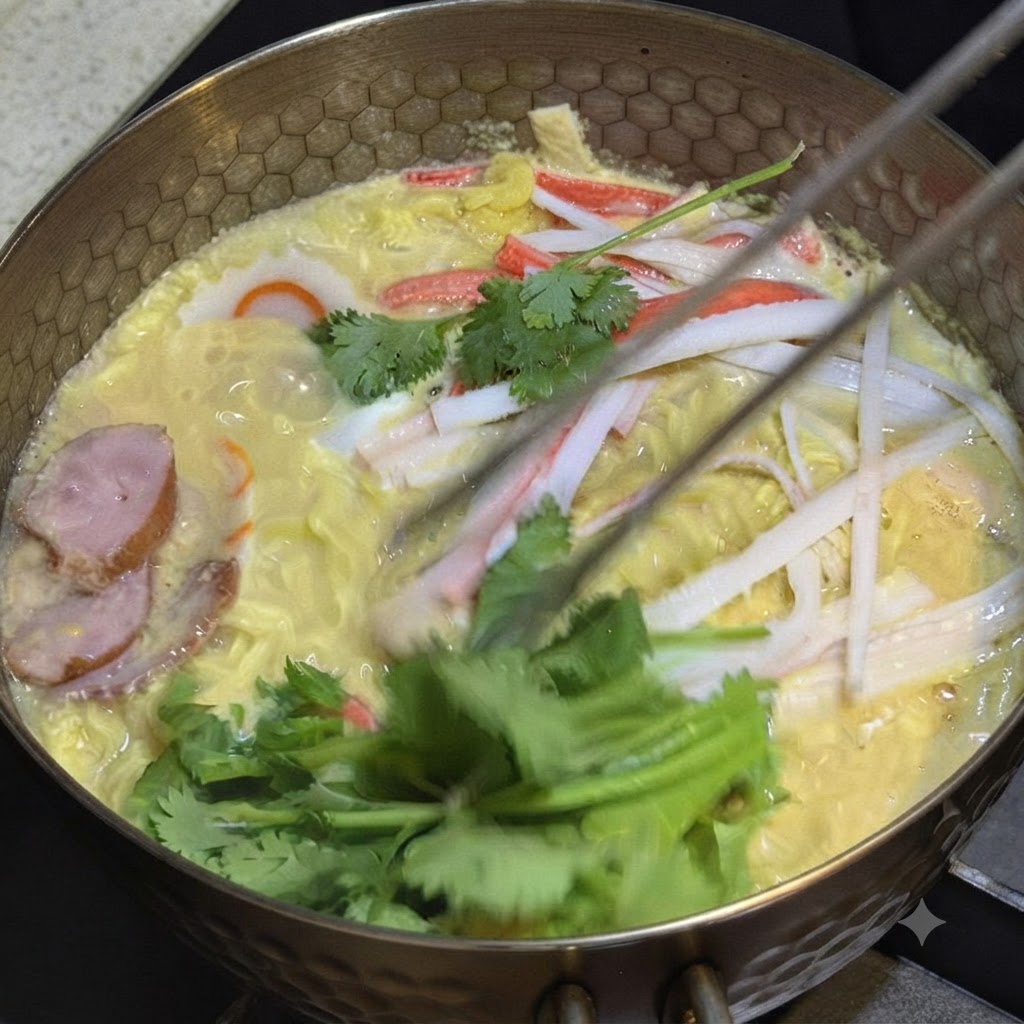 Fresh cilantro being placed on top of the cooked ramen noodles using tongs.