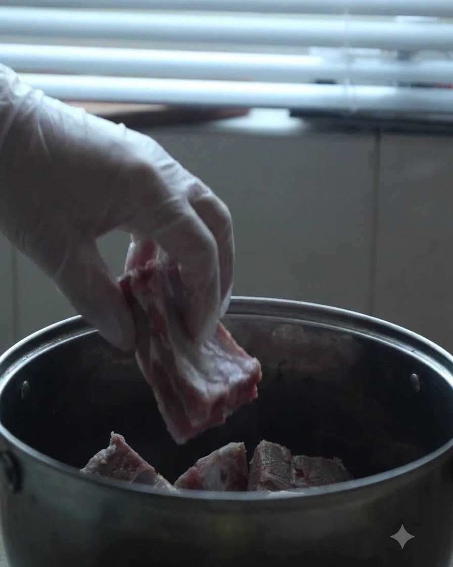 Pork trotters and leg bones being added into a large metal pot.