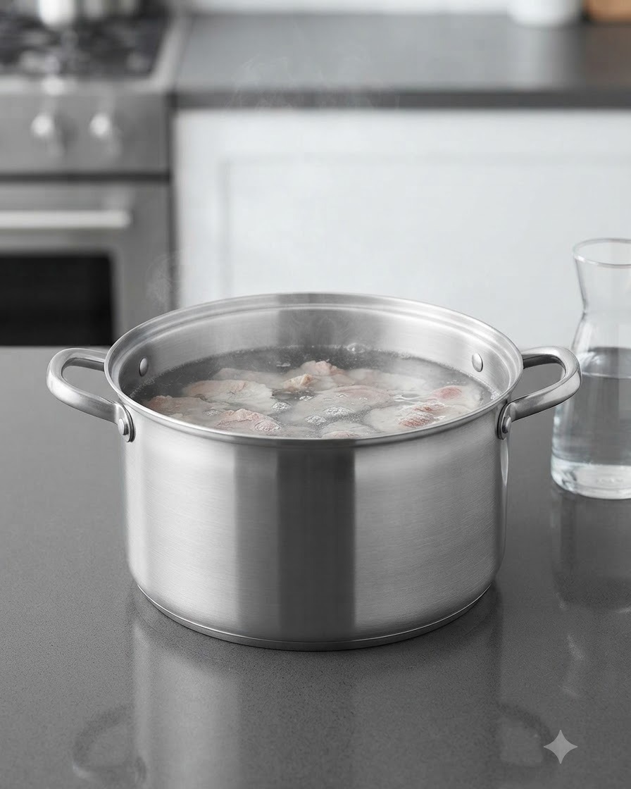 Filtered water being poured into a large stockpot filled with pork bones.