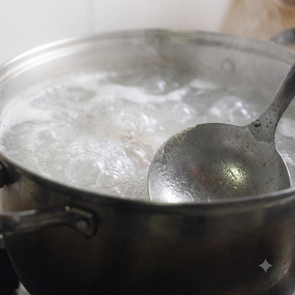 A fine-mesh strainer skimming white foam from a bubbling pot of broth.