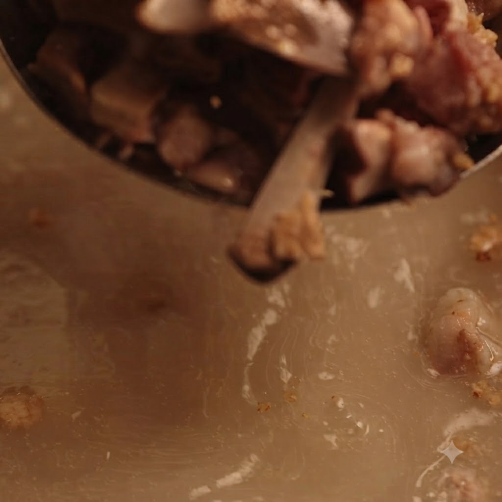 Cooked pork bones being lifted out of the broth using cooking tools.