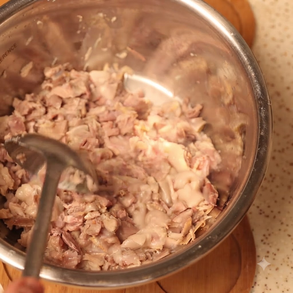 Cooked pork meat being thoroughly mashed in a large mixing bowl.