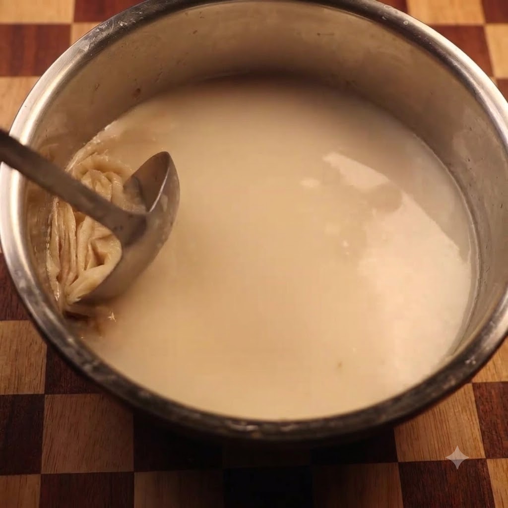 A ladle skimming a thin layer of oil off the top of a milky white pork bone soup in a metal pot.