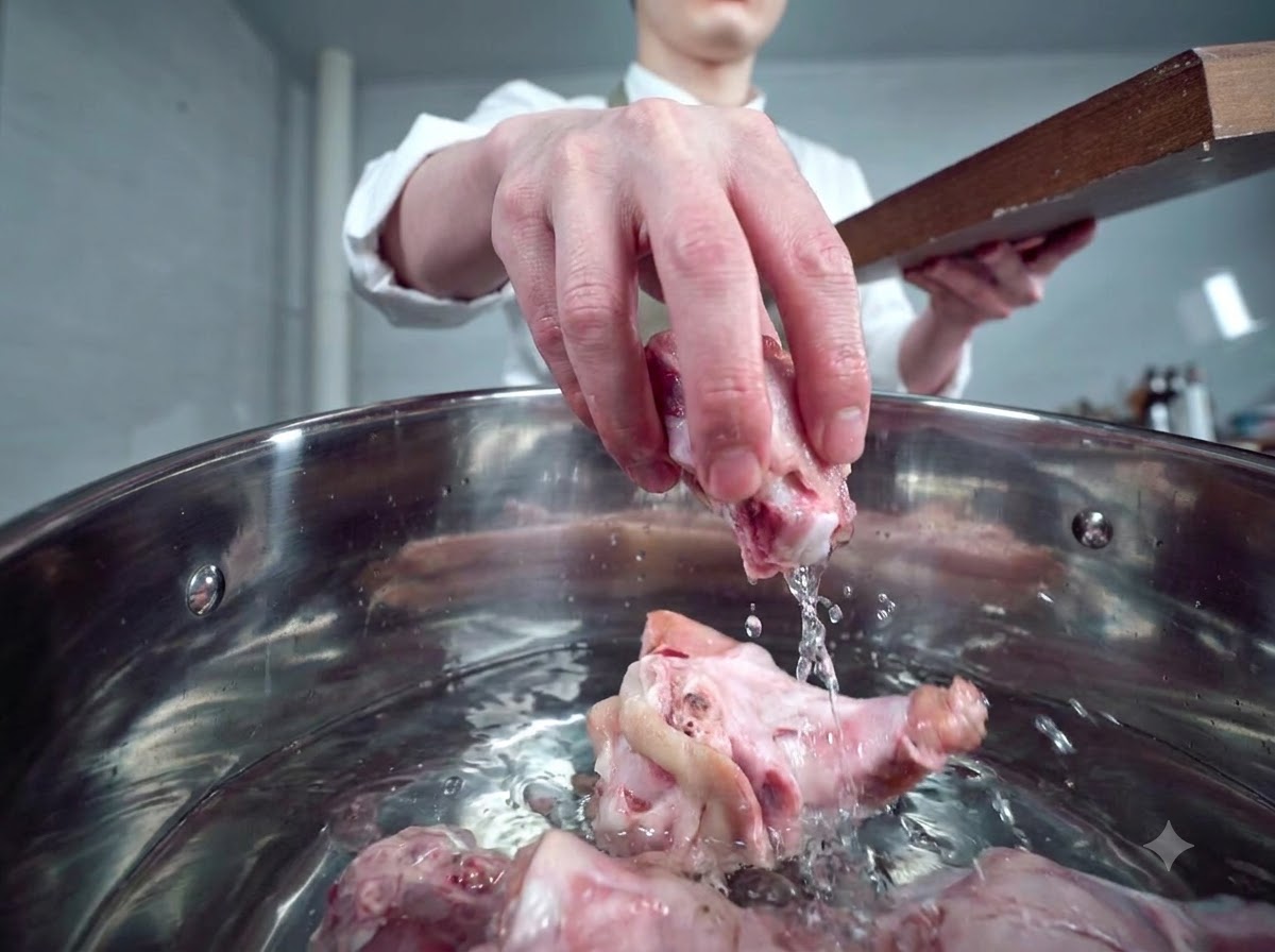 Raw pork bones and trotters being placed into a stainless steel pot filled with cold water.