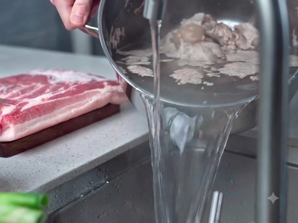 A metal bowl of blanched pork bones and scum being rinsed under running water in a kitchen sink.