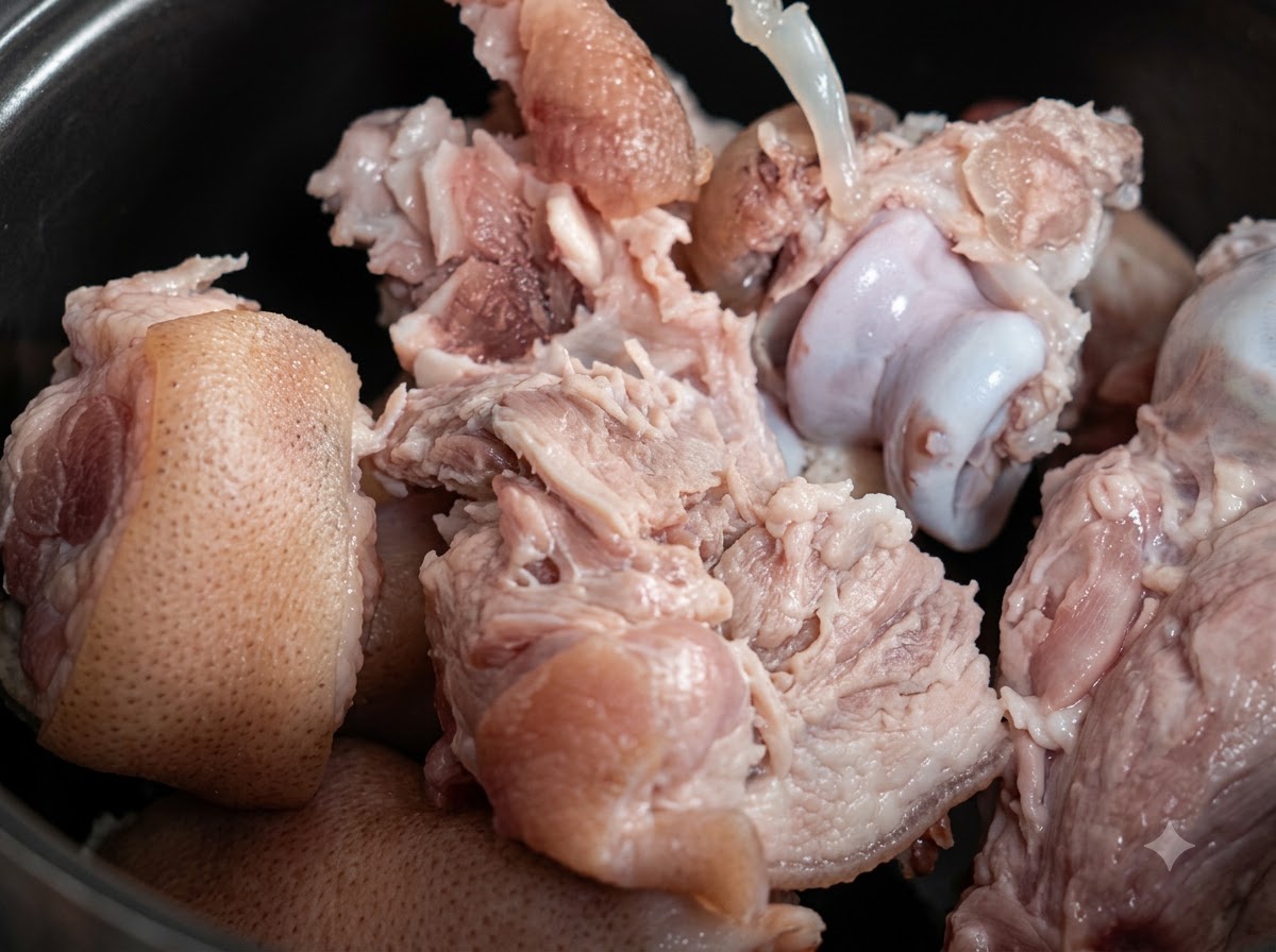 Close-up view of cleaned pork bones and cartilage simmering inside a deep cooking pot.