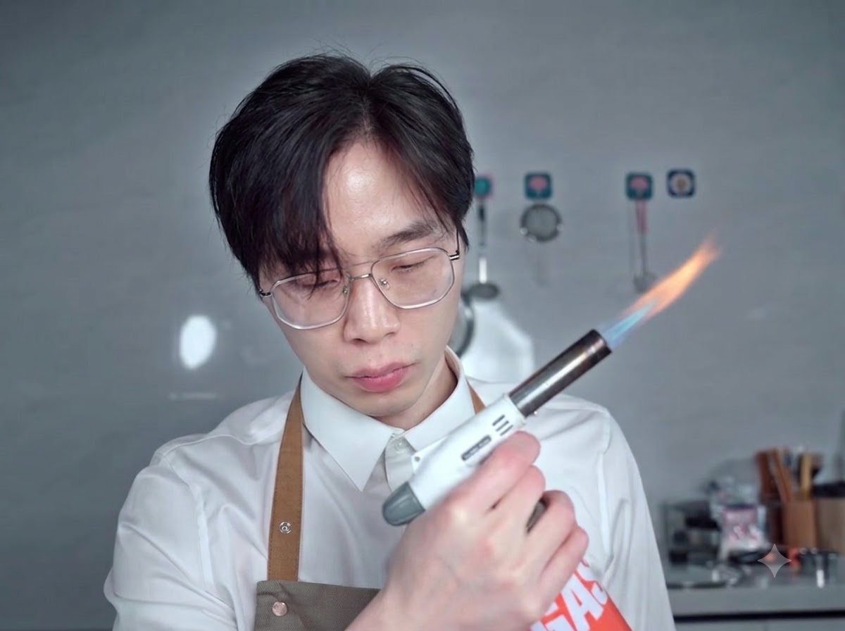 A person wearing glasses and a white chef uniform holding a lit culinary blowtorch.