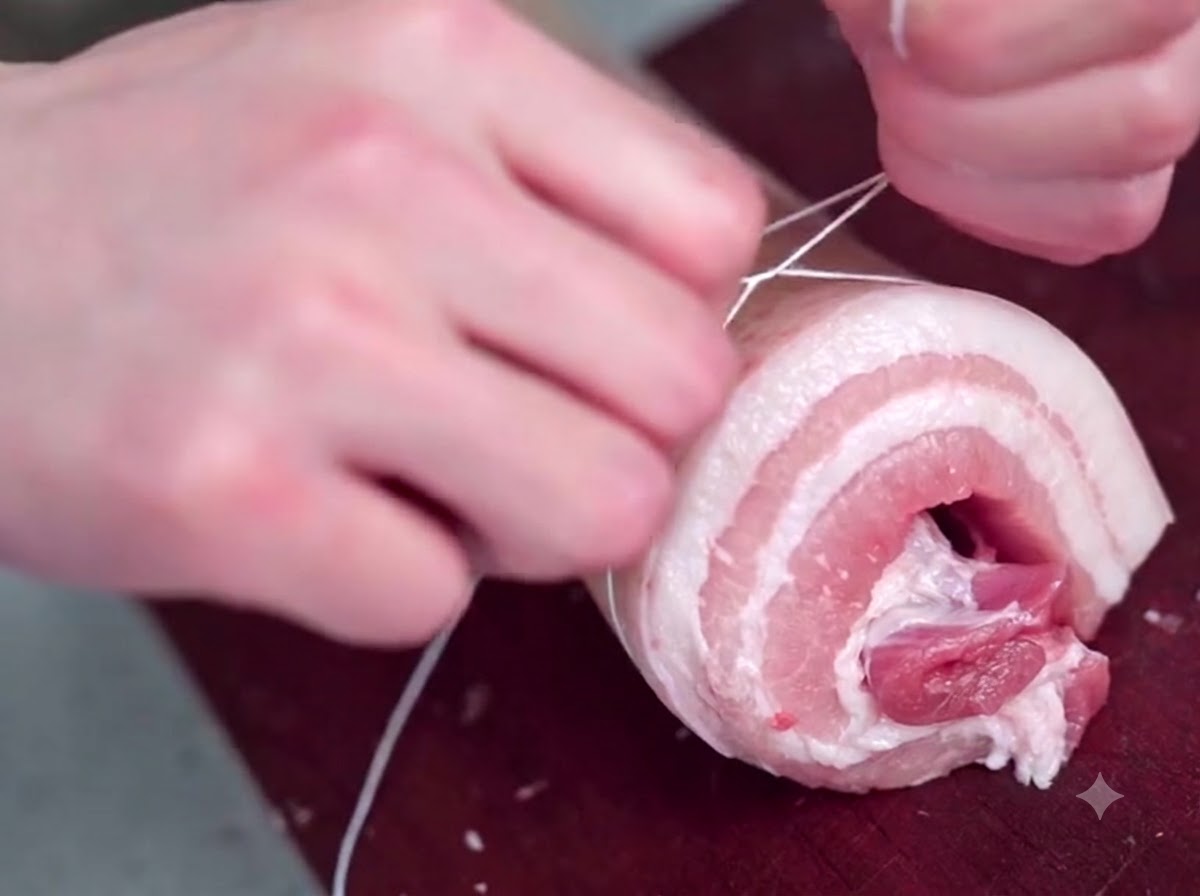 A pair of hands wrapping butchers twine tightly around a rolled piece of raw pork belly.