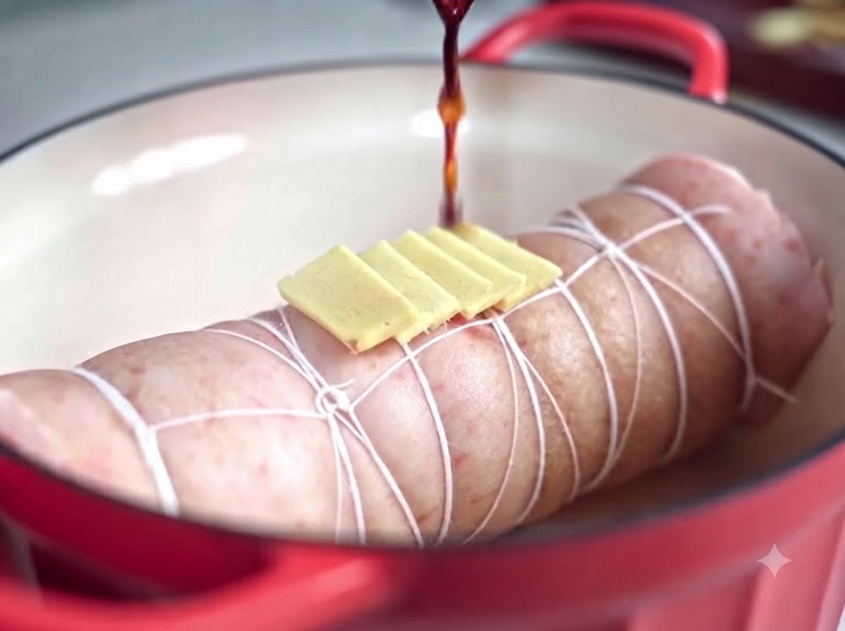 A dark liquid marinade being poured from above onto a tied pork belly roll topped with sliced ginger inside a pot.