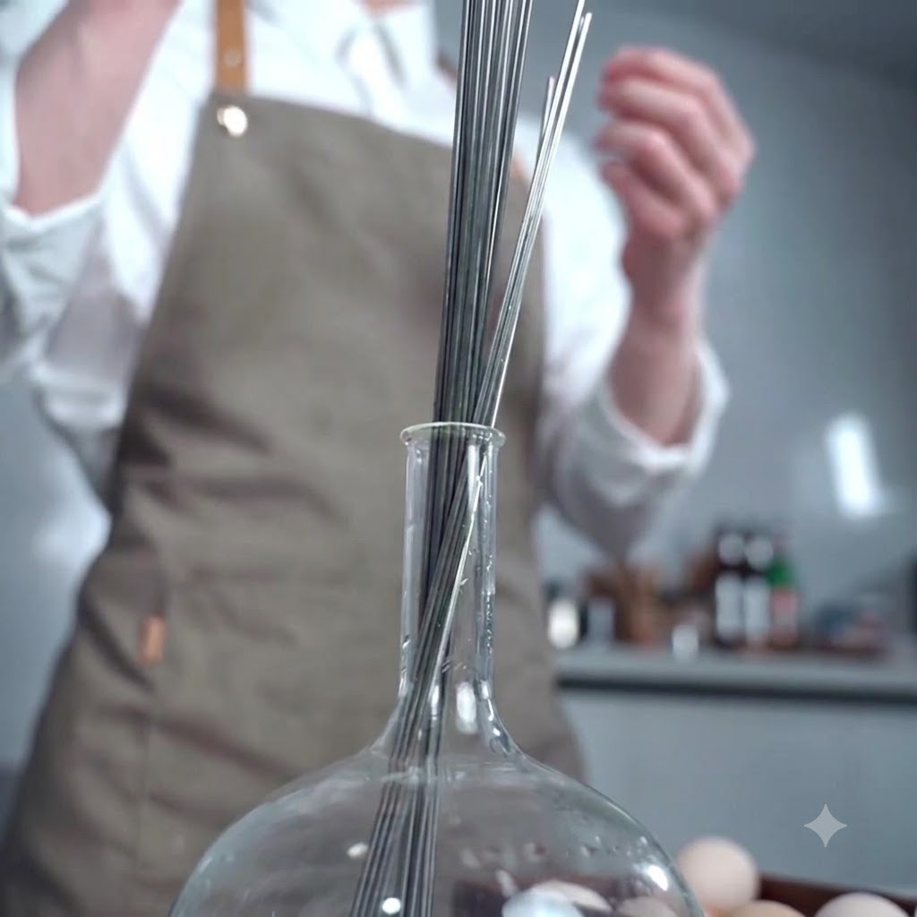 A close-up of a person using a thin metal needle to pierce the end of an egg shell.