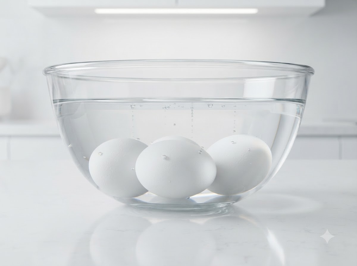 Three boiled eggs resting submerged inside a clear glass bowl filled with cold water and ice.