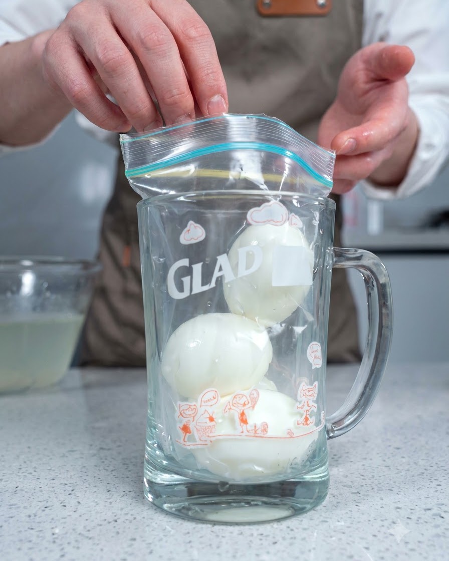 Peeled soft-boiled eggs being placed inside a glass storage container or mug.