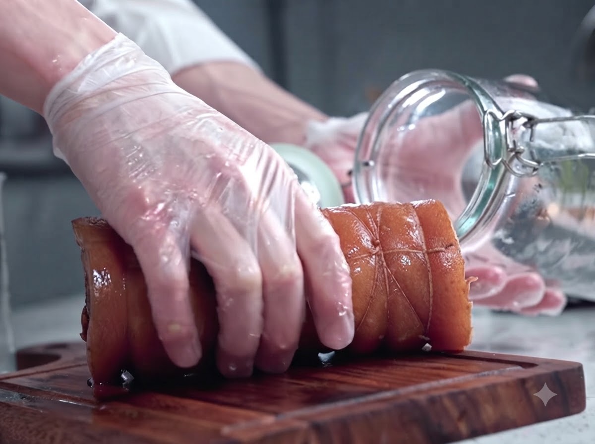 Gloved hands transferring a cooked, tied pork belly roll into a large clear glass jar on a wooden board.