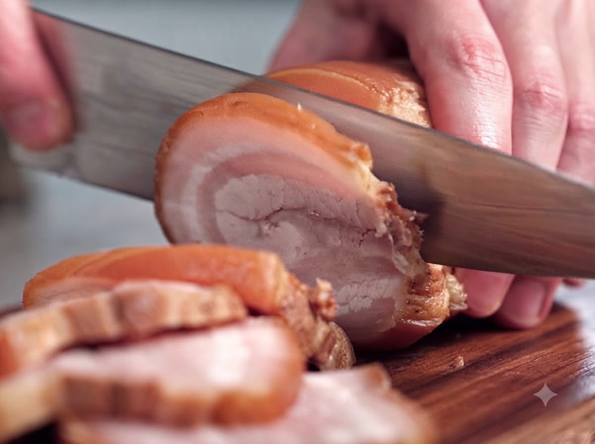 Close-up of a sharp knife slicing a marinated and tied pork belly roll into thick circular pieces on a cutting board.