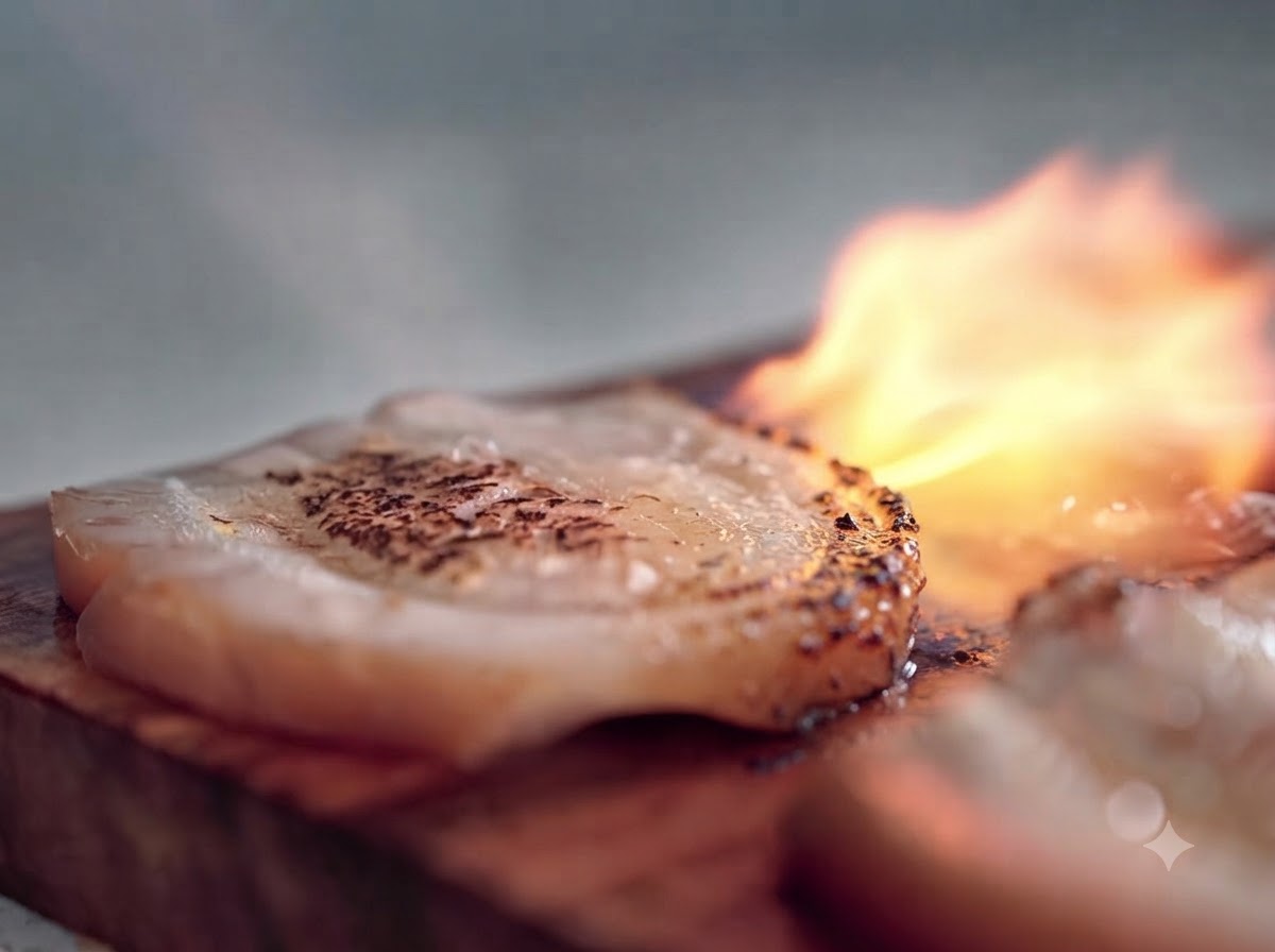 A culinary blowtorch directed at a slice of pork chashu resting on a wooden board, producing a bright flame and charring the surface.