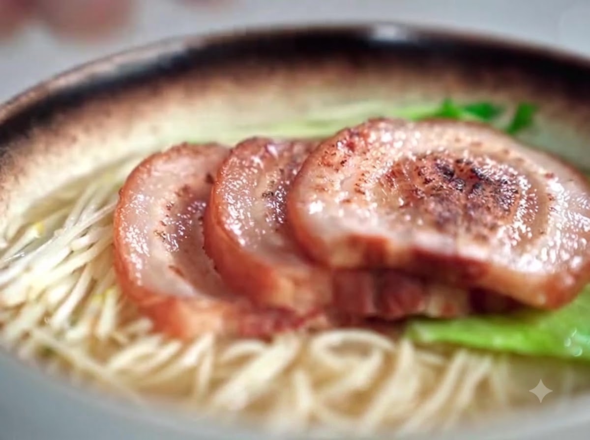 A close-up view of a completed bowl of ramen featuring noodles in broth topped with overlapping seared chashu slices and fresh greens.