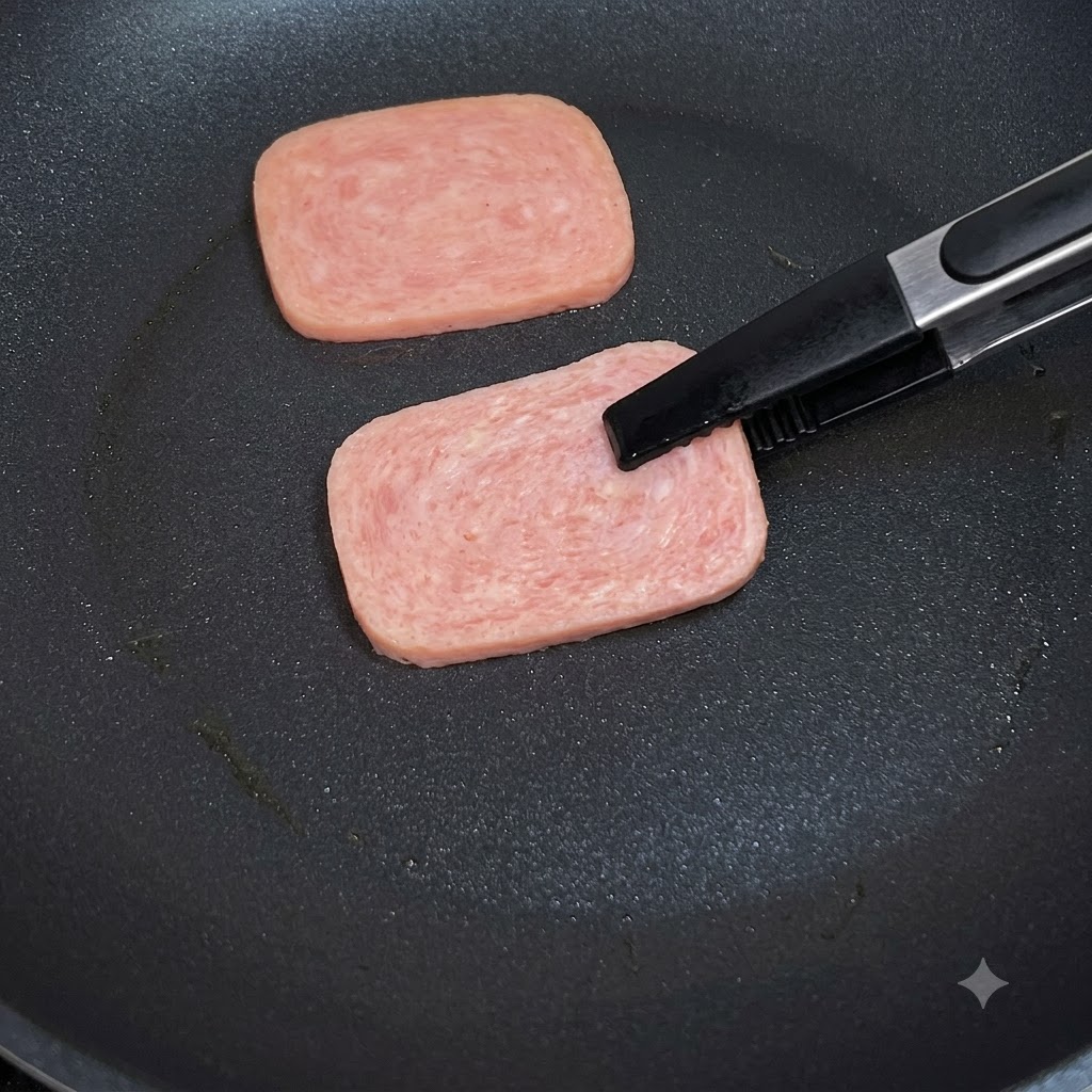 Slices of luncheon meat frying and browning in a skillet.