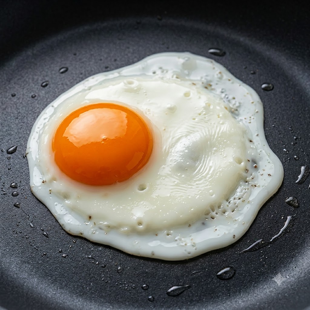 A freshly fried sunny-side-up egg with a vibrant orange yolk in a pan.