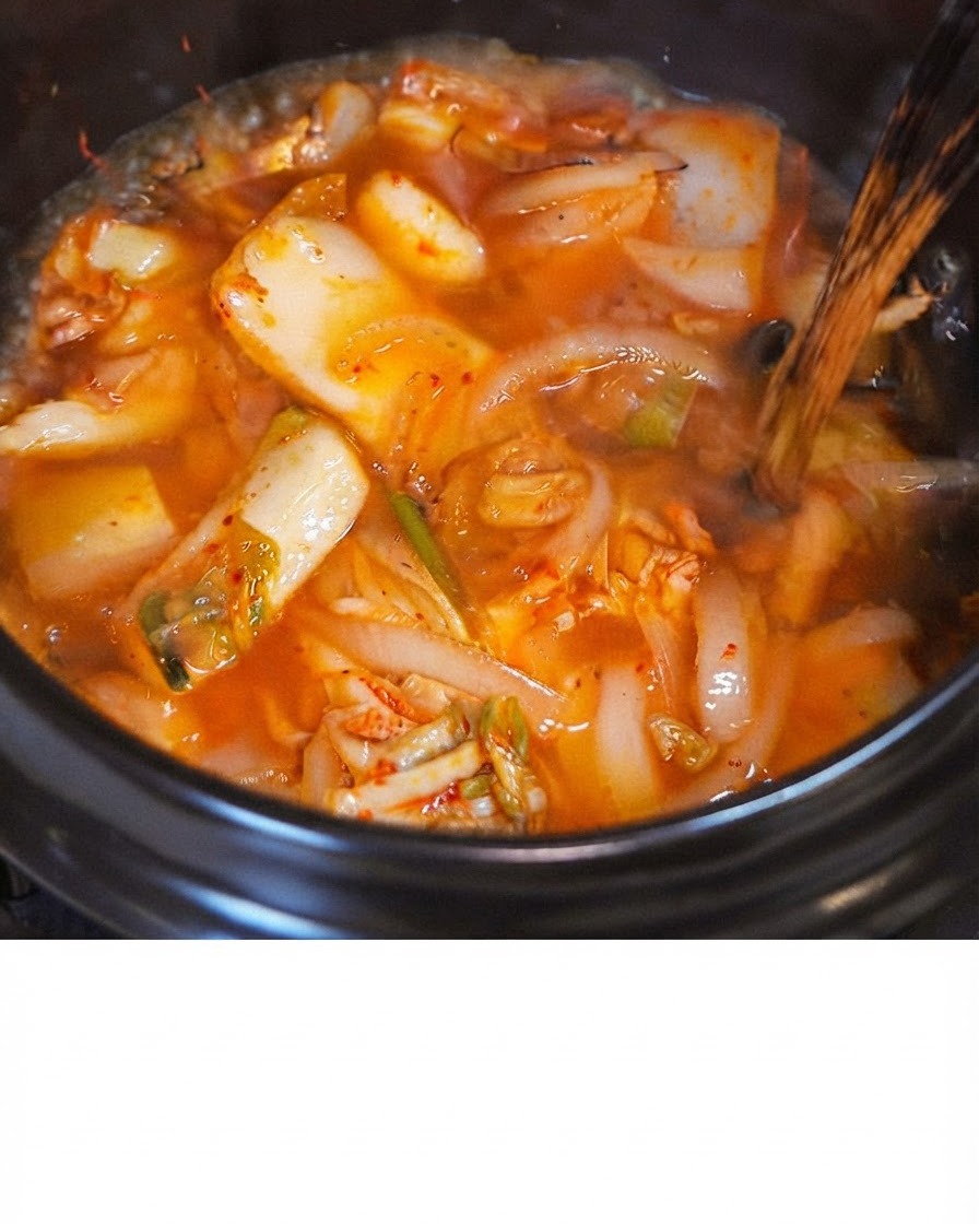 Boiling water being poured into the pot with kimchi and onions.