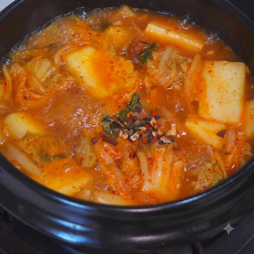 Seasoning packets and chili paste being added to the bubbling broth.