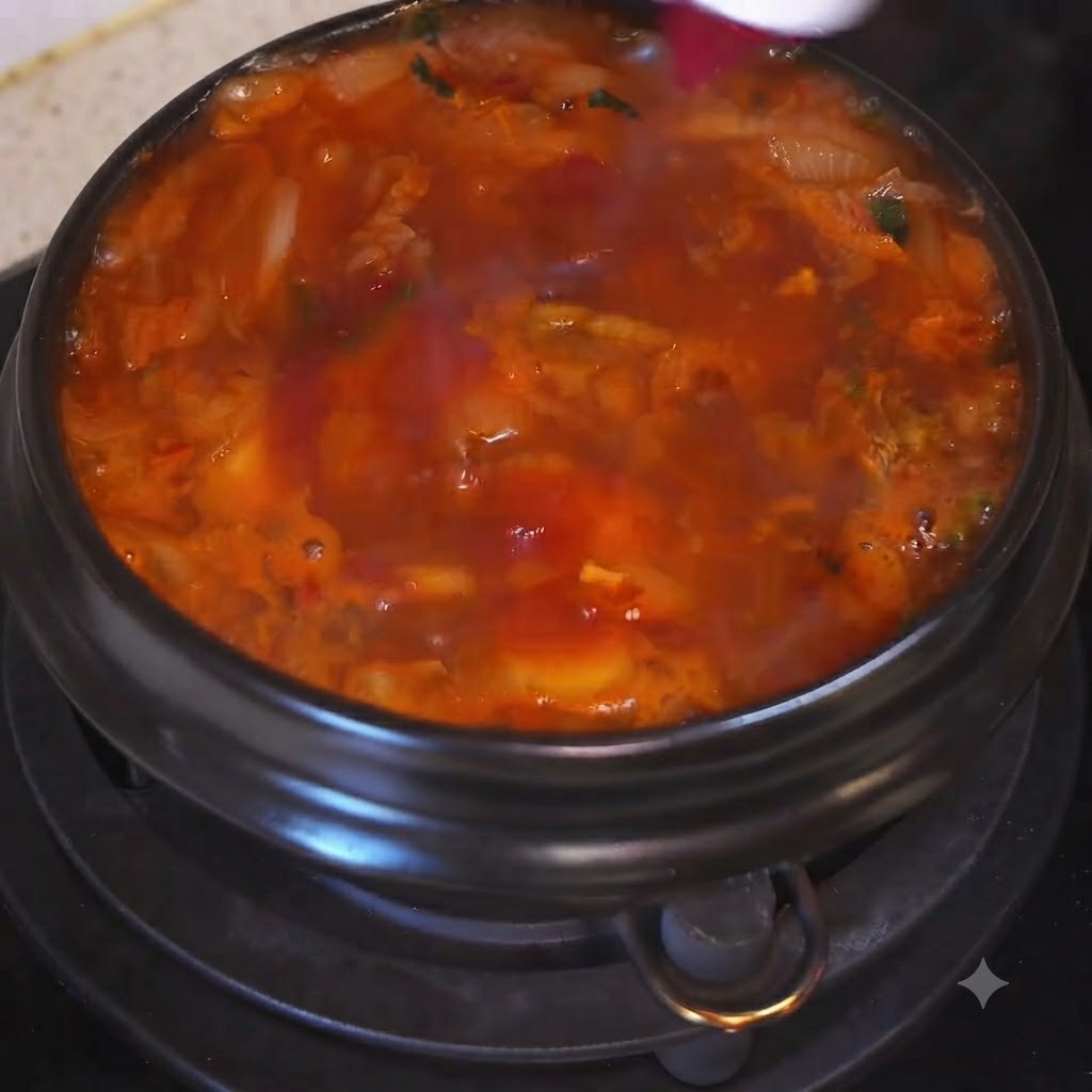 A round block of dry instant noodles cooking inside a pot of boiling red soup.