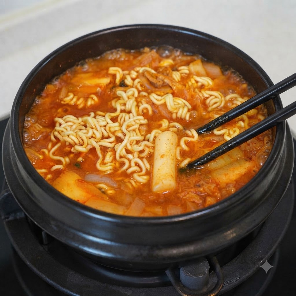 Chopsticks stirring softened ramen noodles and rice cakes in a pot of simmering soup.