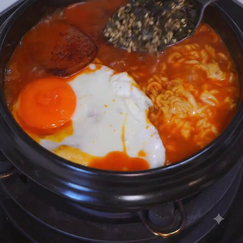 A finished pot of noodles topped with a fried egg, luncheon meat, and seaweed flakes.