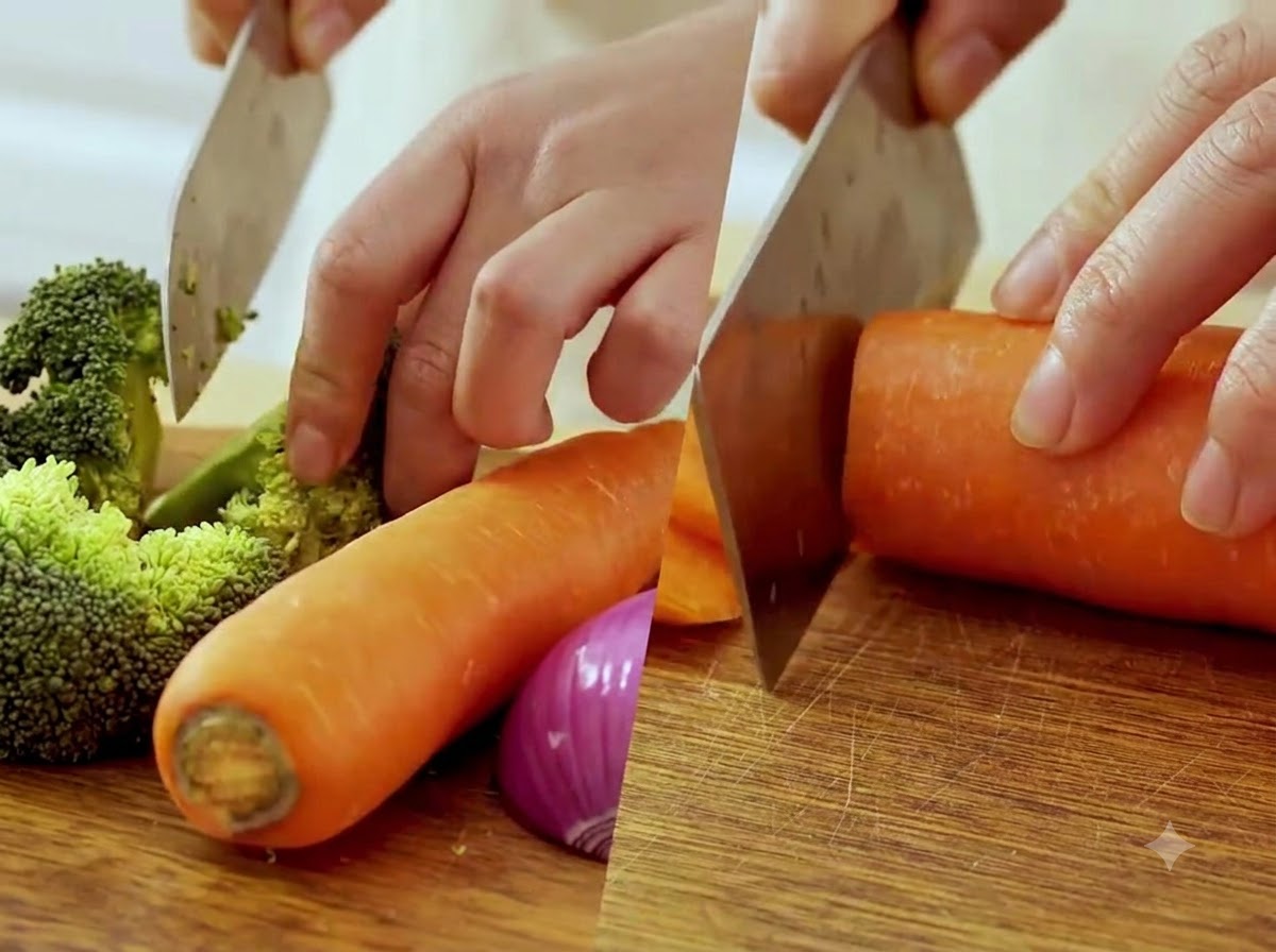 A pair of hands cutting broccoli florets and carrot chunks on a wooden cutting board.