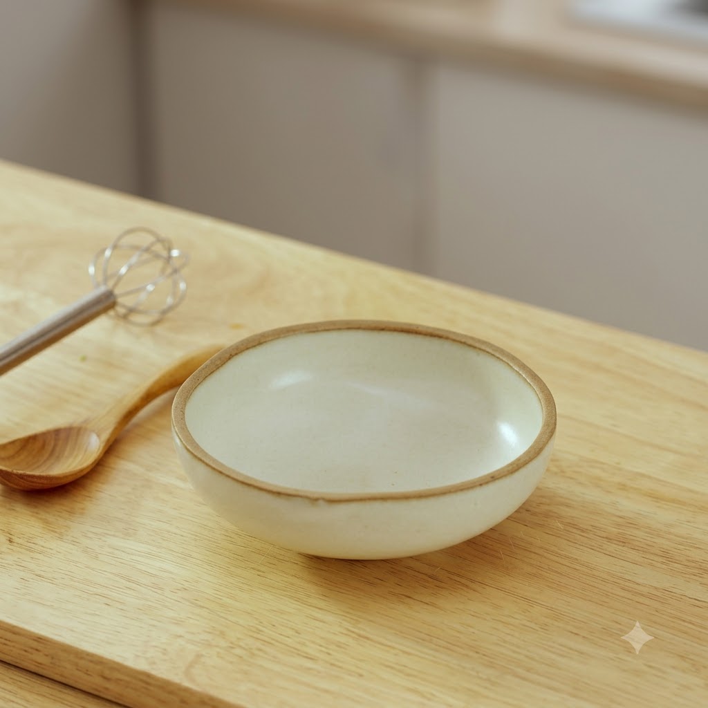 An empty ceramic bowl with a small whisk and wooden spoon resting on a wooden surface.
